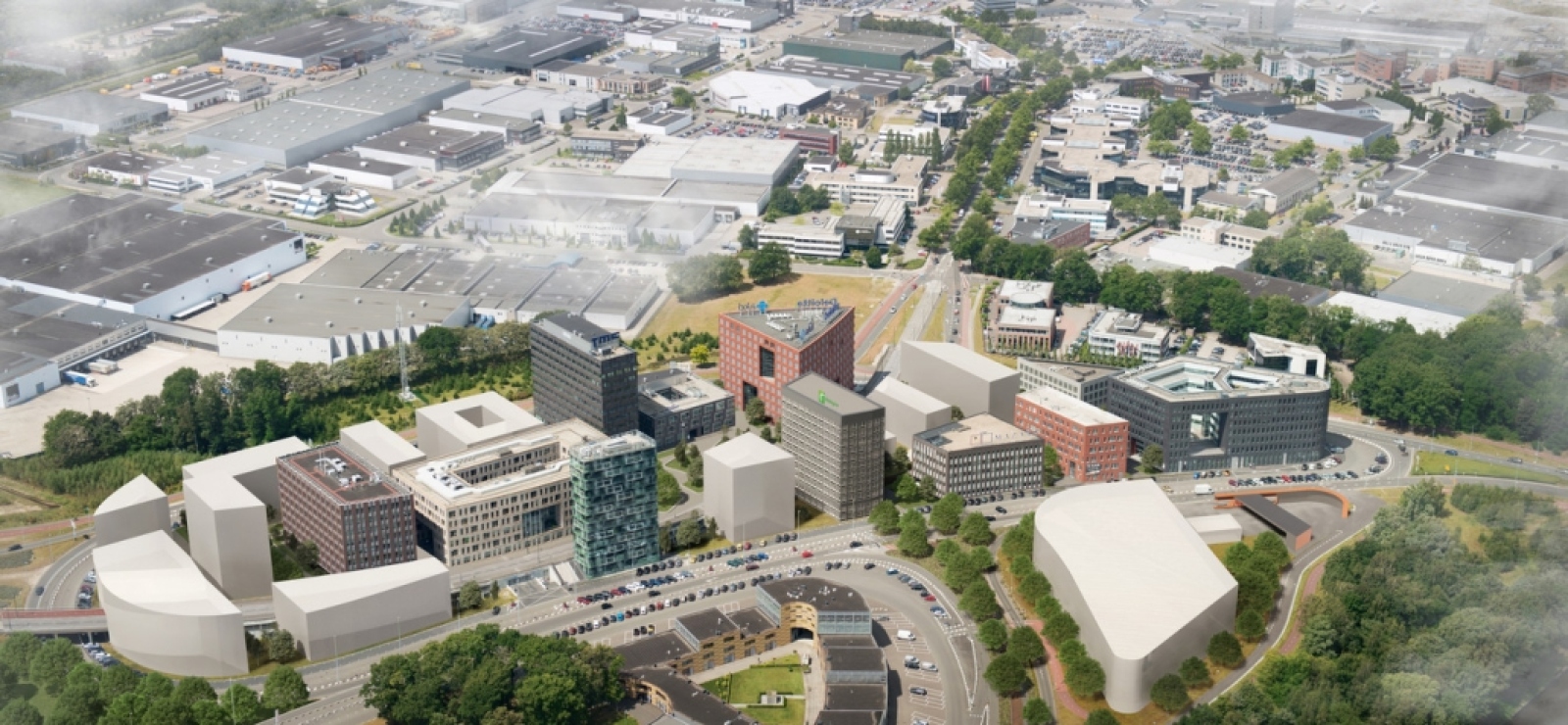Geanimeerde luchtfoto van terrein rondom Eindhoven airport